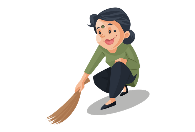 Empregada doméstica está varrendo o chão com uma vassoura  Ilustração