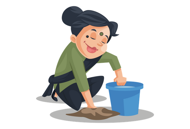Empregada doméstica indiana limpando o chão  Ilustração