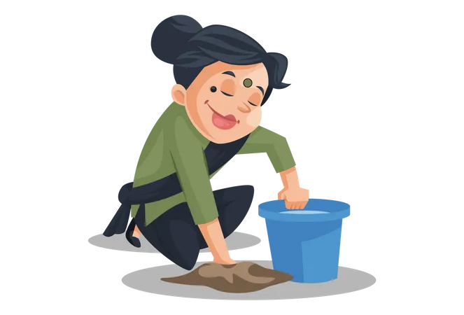 Empregada doméstica indiana limpando o chão  Ilustração