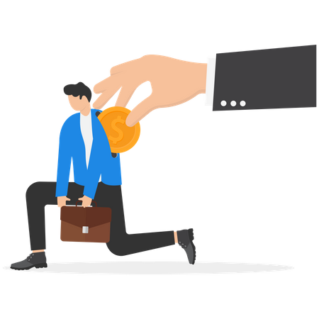 Empregador de mão grande coloca moeda para motivar empresário funcionário de escritório  Ilustração