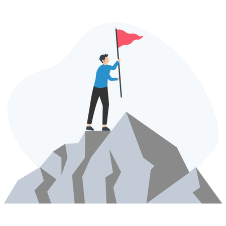 Un empresario exitoso plantando una bandera en la cima de una montaña  Ilustración