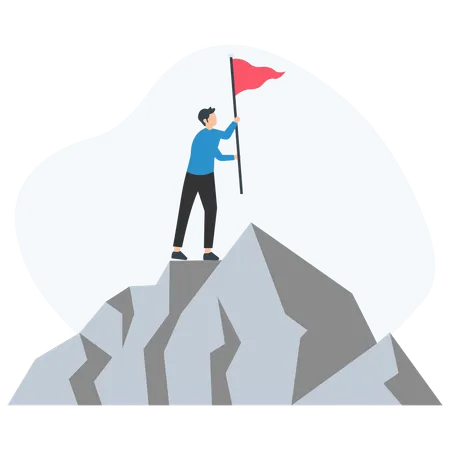 Un empresario exitoso plantando una bandera en la cima de una montaña  Ilustración