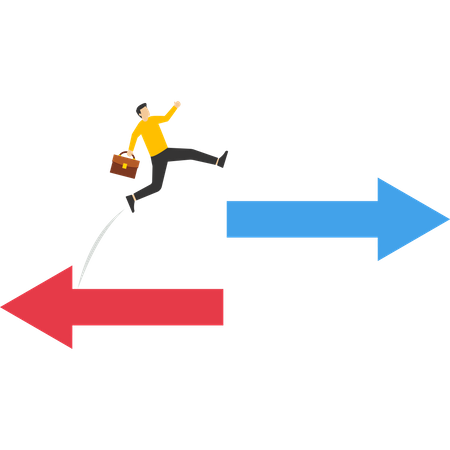 Inversor emprendedor saltando de flecha roja a flecha azul hacia arriba  Ilustración