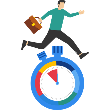Emprendedor se apresura a correr y saltar más allá del reloj de cuenta regresiva  Ilustración