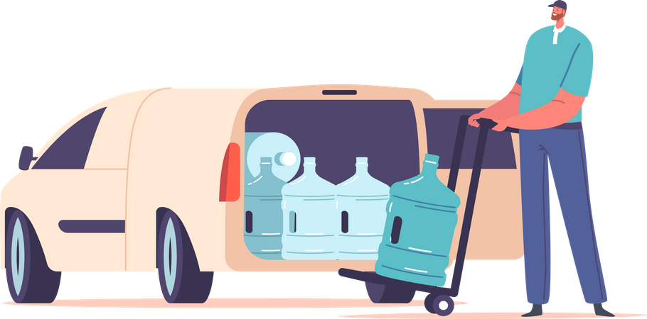 Empleado de empresa de entrega de agua en camioneta empujando carrito con botellas de agua de plástico  Ilustración