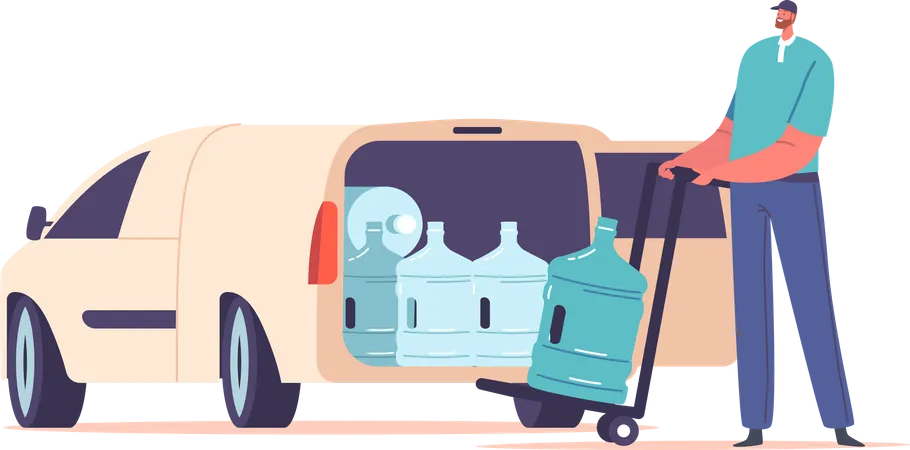 Empleado de empresa de entrega de agua en camioneta empujando carrito con botellas de agua de plástico  Ilustración