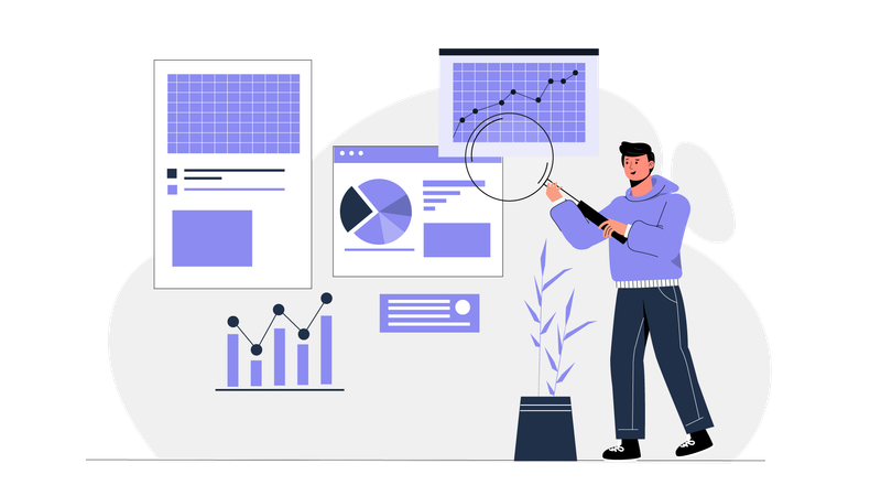 Empleado de la empresa realizando una investigación empresarial  Ilustración