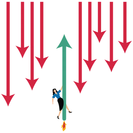 Mulher de negócios agarrada à seta para cima entre as setas para baixo ao redor  Ilustração