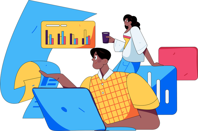 Empresária analisa pesquisa de mercado em conferência  Ilustração