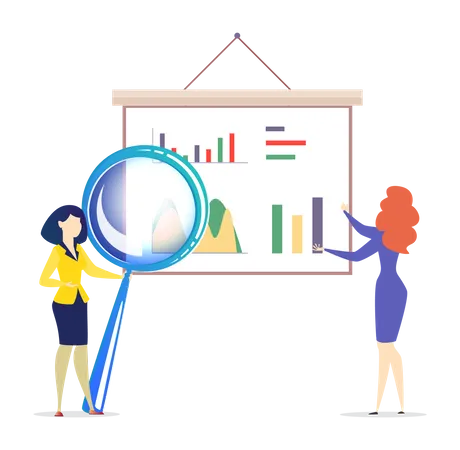 Empresaria analizando gráfico de análisis de datos  Ilustración