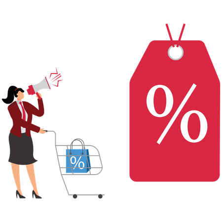 Mujer de negocios anunciando descuentos y promociones de compras  Ilustración