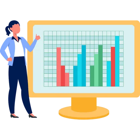 Empresária apontando para gráfico de barras no monitor  Ilustração