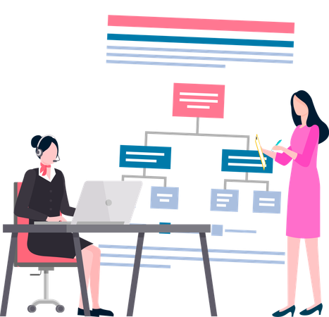 Empresária apresenta fluxo de trabalho da empresa  Ilustração