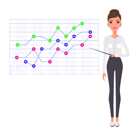Empresária apresentando estatísticas de crescimento de negócios  Ilustração