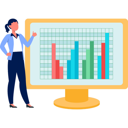 Empresaria apuntando al gráfico de barras en el monitor  Ilustración