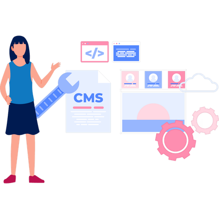 Mujer de negocios señalando el sistema de gestión de contenido CMS  Ilustración