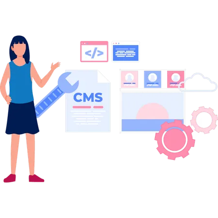 Mujer de negocios señalando el sistema de gestión de contenido CMS  Ilustración