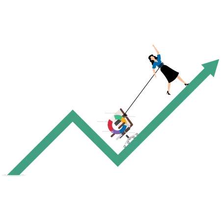 Mulher de negócios arrastando gráfico de pizza de desempenho e cadeira de escritório ao longo da seta para cima  Ilustração