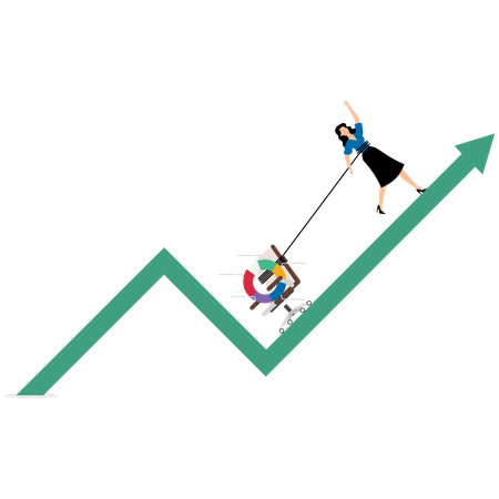 Mujer de negocios arrastrando un gráfico circular de rendimiento y una silla de oficina a lo largo de una flecha hacia arriba  Ilustración