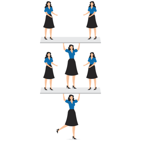 Mulher de negócios carregando e equilibrando funcionários em gangorra  Ilustração