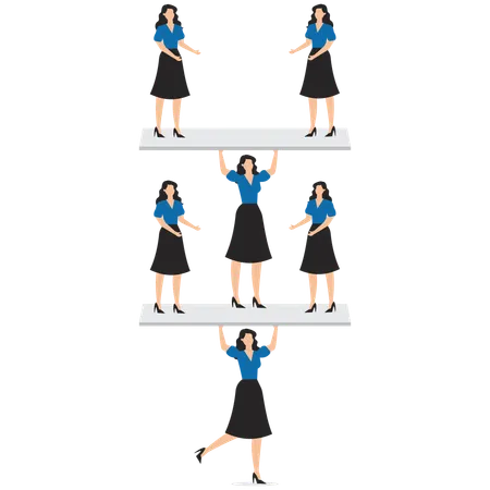 Mulher de negócios carregando e equilibrando funcionários em gangorra  Ilustração