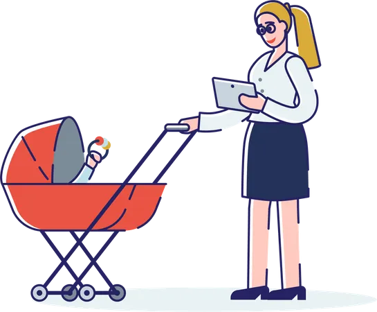 Empresária carregando seu filho dentro do carrinho  Ilustração