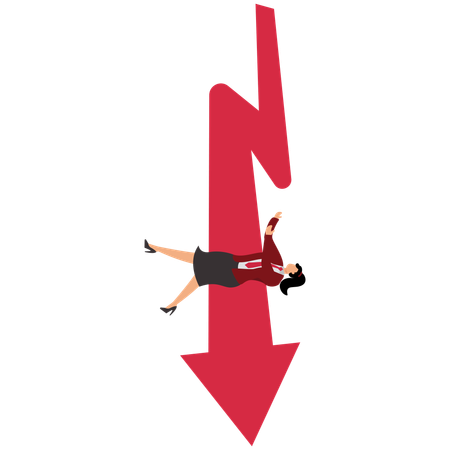 Mujer de negocios cae con una flecha roja  Ilustración