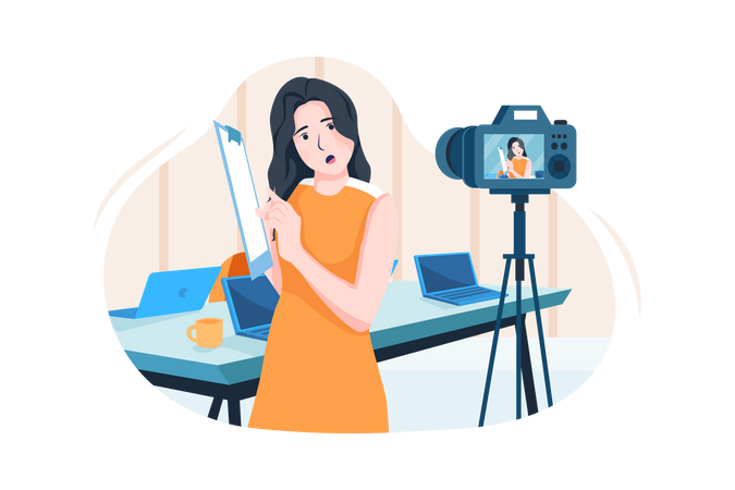 Empresaria entrenando en línea frente a una cámara de video  Ilustración