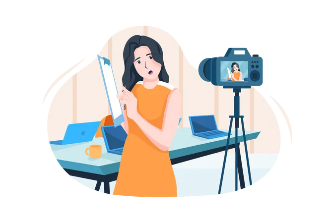 Empresaria entrenando en línea frente a una cámara de video  Ilustración