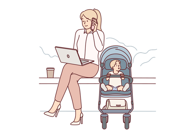 Empresária com bebê no carrinho sentada no parque trabalha com laptop e celular  Ilustração
