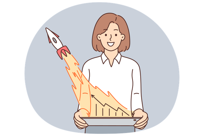 Mulher de negócios com gráfico e foguete decolando simbolizando o sucesso financeiro da startup  Ilustração