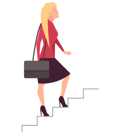 Mulher de negócios com mala subindo escadas de sucesso  Ilustração