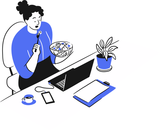 Empresária comendo comida no escritório  Ilustração