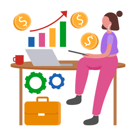 Mujer de negocios trabajando en el crecimiento de ventas  Ilustración