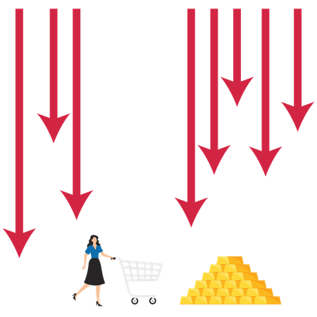 Mujer de negocios con carrito de compras huyendo de un ataque gráfico de tendencia bajista e intentando comprar oro  Ilustración