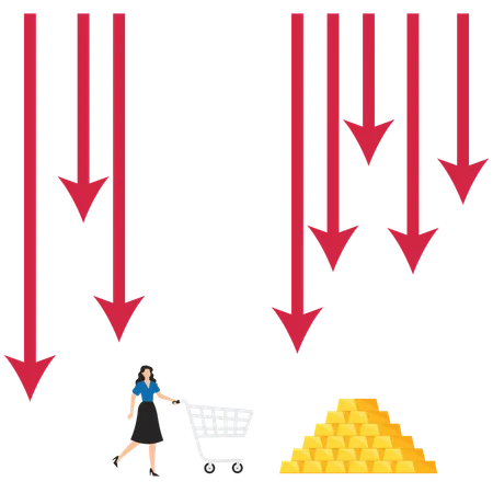 Mujer de negocios con carrito de compras huyendo de un ataque gráfico de tendencia bajista e intentando comprar oro  Ilustración