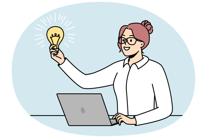 Una empresaria con gafas sostiene una bombilla encendida delante de ella.  Ilustración
