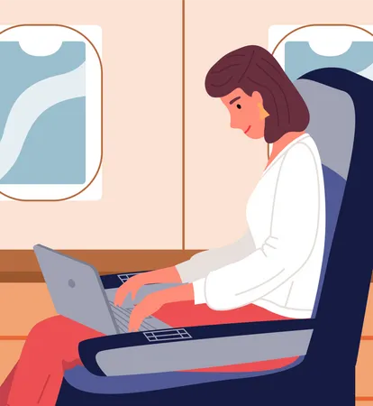 Empresaria con laptop en clase ejecutiva de avión  Ilustración