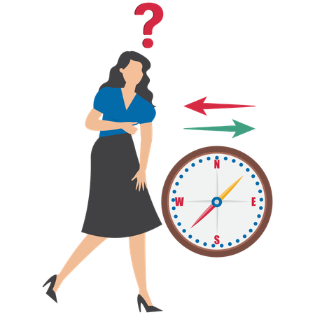 Mujer de negocios con signo de interrogación y brújula que simboliza orientación y pregunta abierta para solución  Ilustración