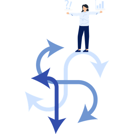 Mujer de negocios con signo de interrogación y gráfico navegando flechas toma de decisiones  Ilustración
