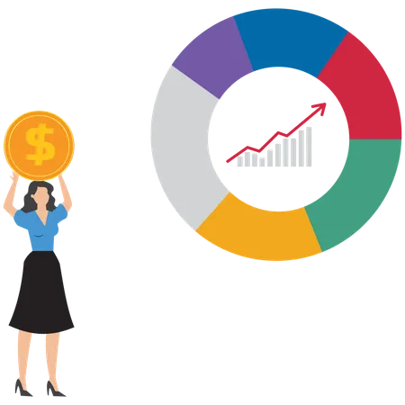 Mujer de negocios con una moneda cerca de un gráfico circular  Ilustración