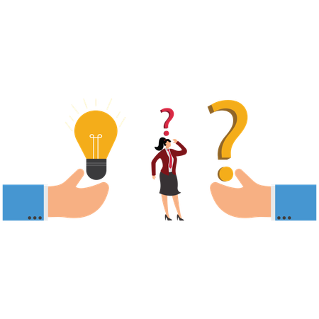 Mujer de negocios confundida para tomar decisiones y soluciones comerciales  Ilustración