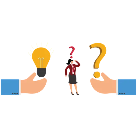 Mujer de negocios confundida para tomar decisiones y soluciones comerciales  Ilustración