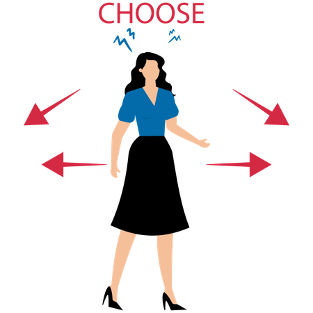 Mujer de negocios confundida eligiendo direcciones  Ilustración