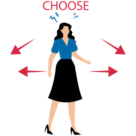 Mujer de negocios confundida eligiendo direcciones  Ilustración