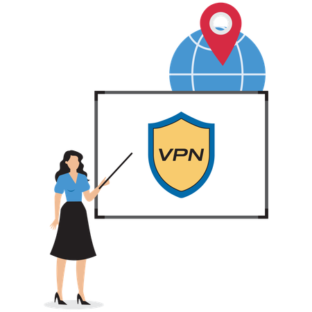 Mujer de negocios hablando sobre el uso de VPN  Ilustración