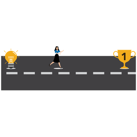 Mujer de negocios corriendo en el camino desde la bombilla hasta el trofeo  Ilustración