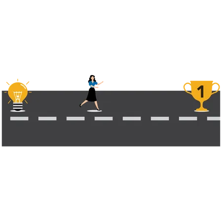 Mujer de negocios corriendo en el camino desde la bombilla hasta el trofeo  Ilustración