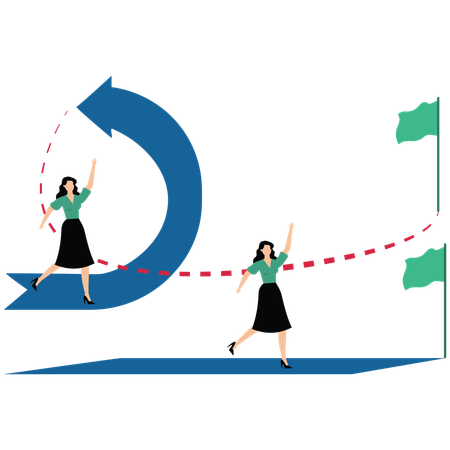 Mujer de negocios corriendo por el camino recto y fácil y otra por el camino difícil y desordenado  Ilustración