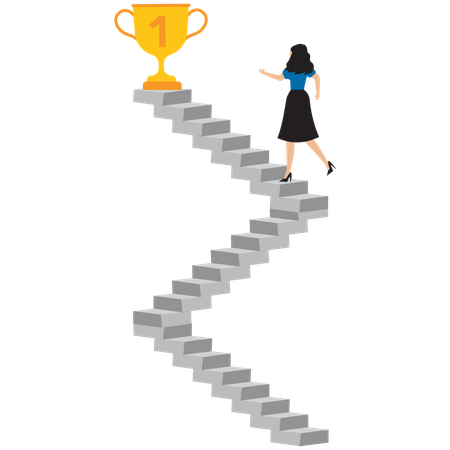 Mujer de negocios corriendo escaleras arriba para conseguir un trofeo  Ilustración